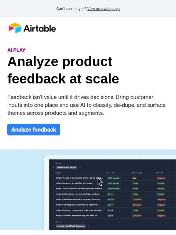 Turn feedback into decisions—at scale email from Airtable
