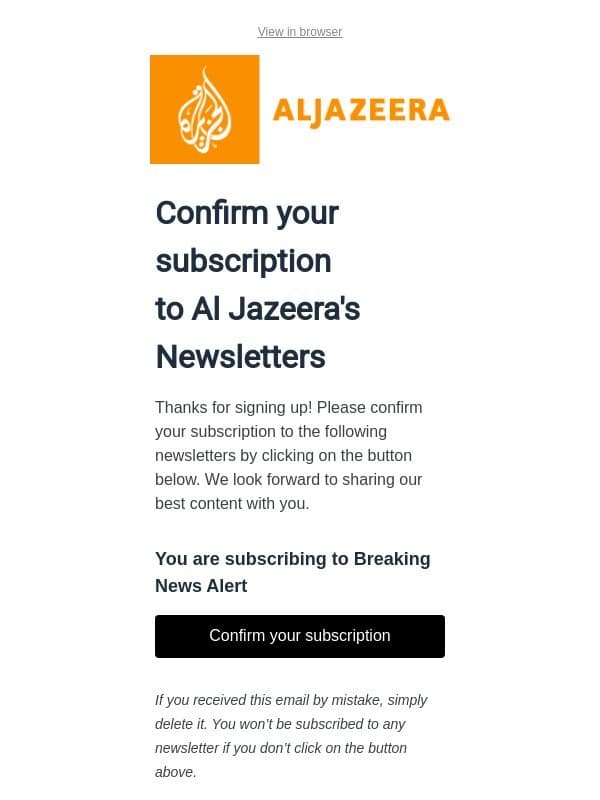 Welcome! Please confirm your email address email from Al Jazeera