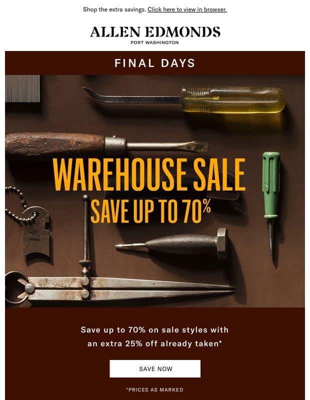 Heads up: 70% off sale ends tomorrow email from Allen Edmonds