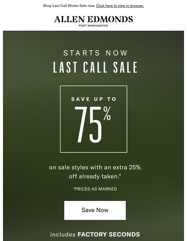 Up to 75% off sale styles is here email from Allen Edmonds