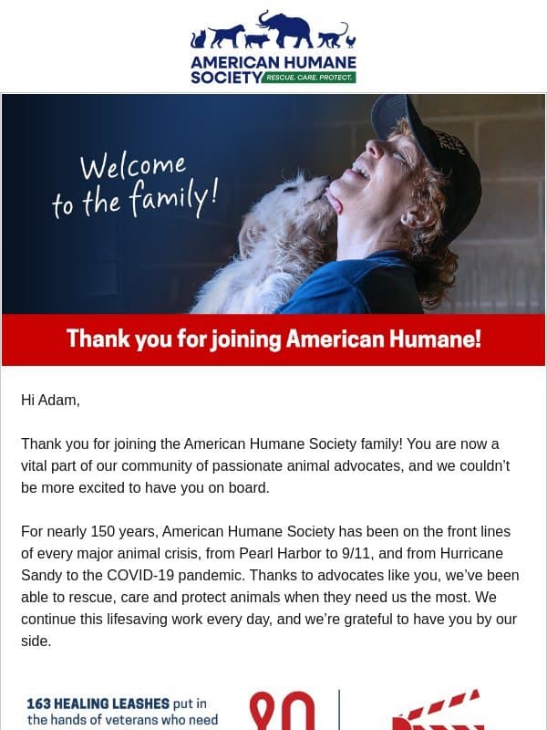 Thank you for joining the American Humane Society family email from American Humane