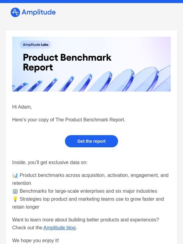 The Product Benchmark Report email from Amplitude