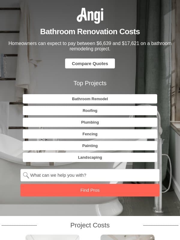 Bathroom remodel costs email from Angi