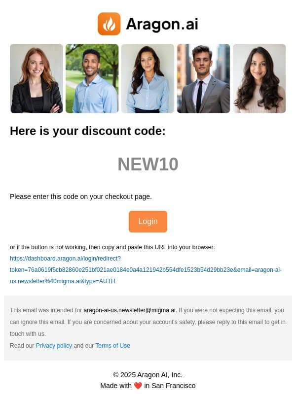 Your special discount code email from Aragon AI