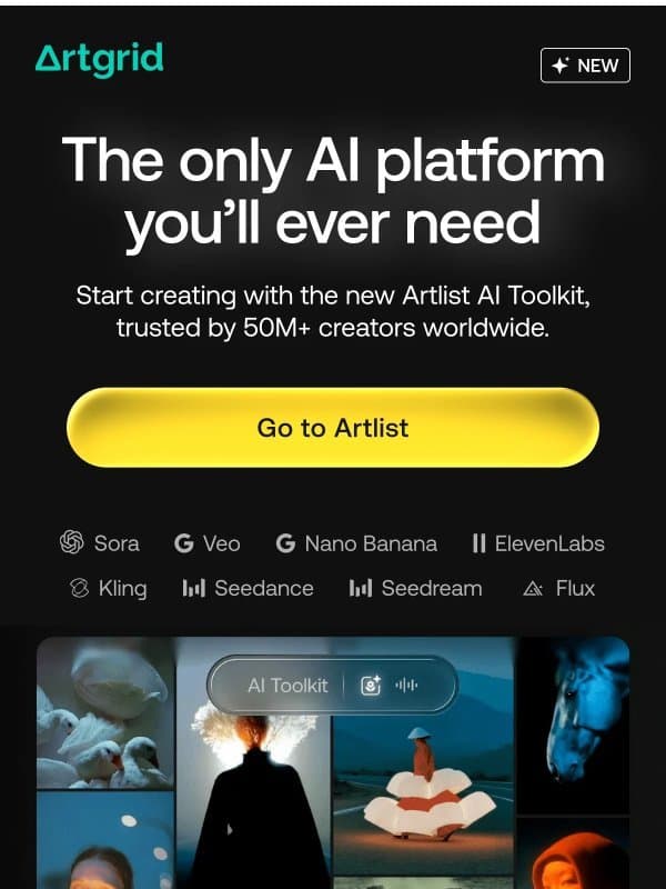 Join Artlist AI to get all the leading AI tools for video creators email from Artgrid