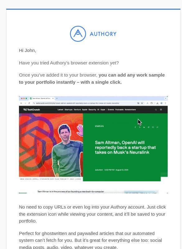 adding a work sample with just one click? email from Authory
