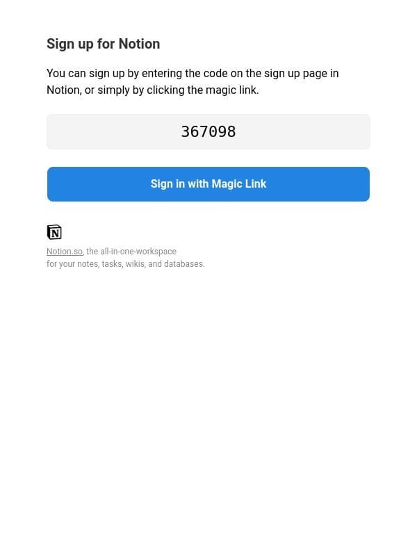 Your Notion signup code email from Automate.io
