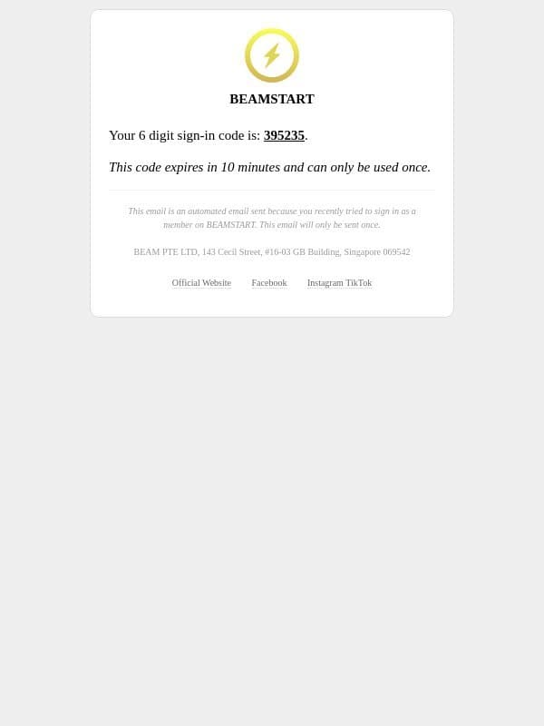 Your 6 digit Sign-In Code email from BEAMSTART