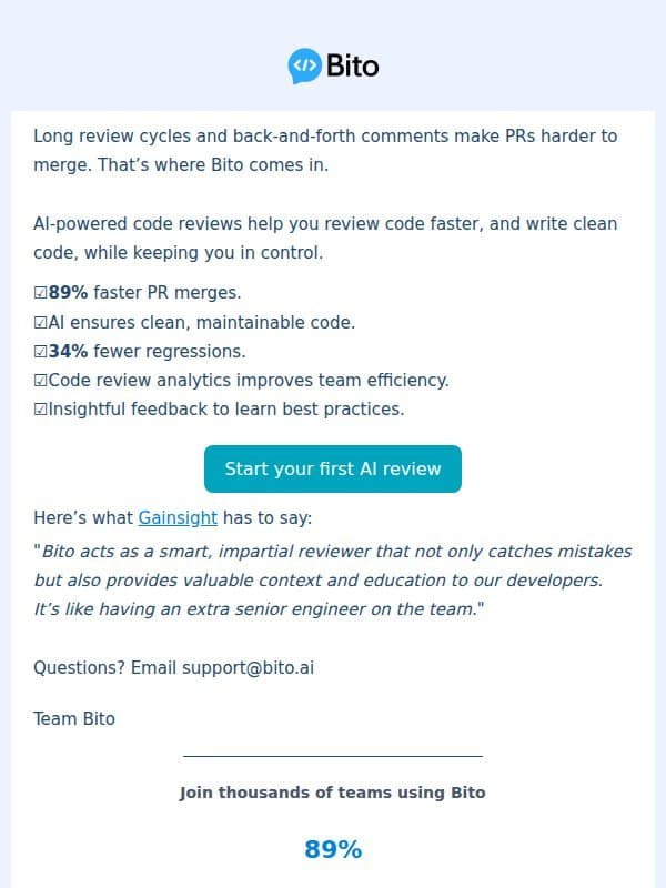 Why dev teams are merging faster with Bito email from Bito