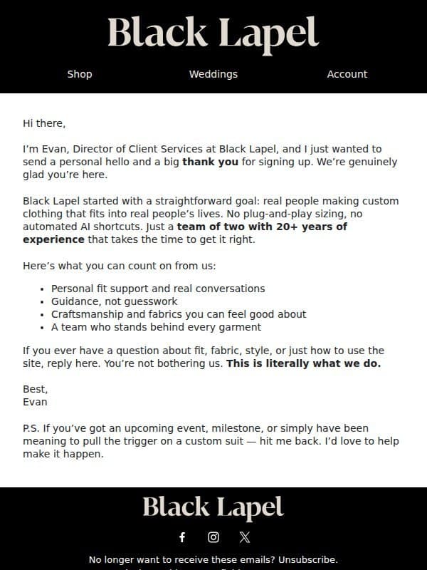 Following up: Welcome to BL email from Black Lapel