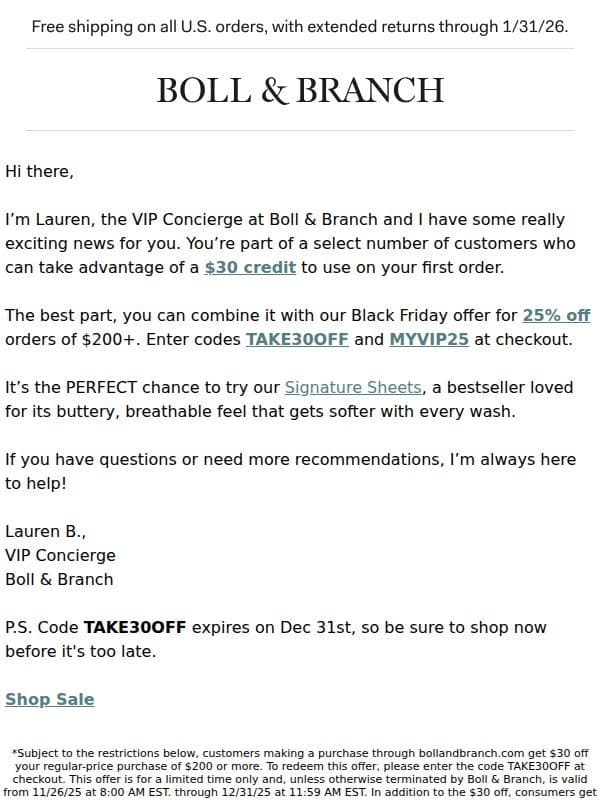 To Cyber VIPs: $30 off + 25% off email from Boll & Branch