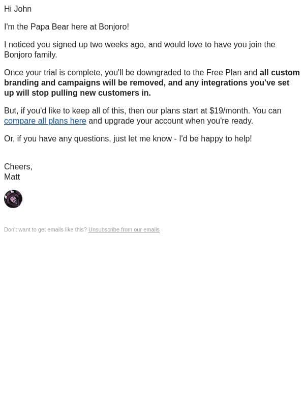 Your Bonjoro trial is coming to an end... email from Bonjoro