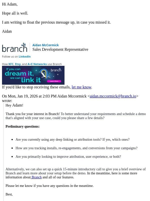 Re: Branch Demo Request! email from Branch