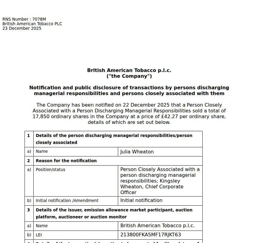 BAT Plc - Director/PDMR Shareholding email from British American Tobacco