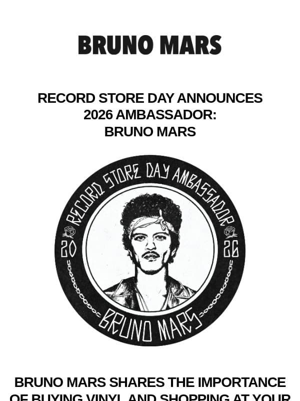 Record Store Day 2026 Ambassador email from Bruno Mars
