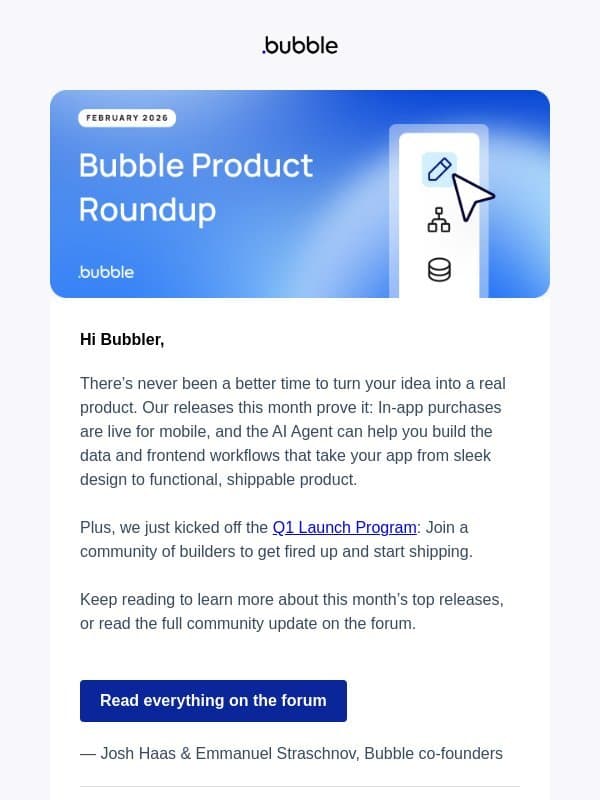 Bubble Product Newsletter: February β26 email from Bubble