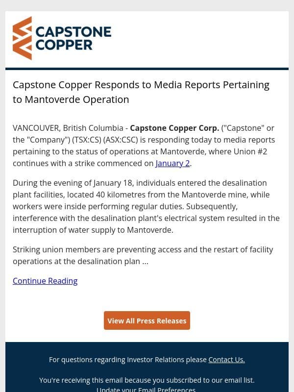 Capstone Copper Responds to Media Reports Pertaining to Mantoverde Operation email from Capstone Copper