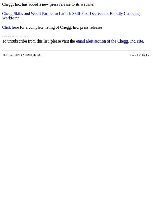 Chegg - Chegg Skills and Woolf Partner to Launch Skill-First Degrees for Rapidly Changing Workforce email from Chegg