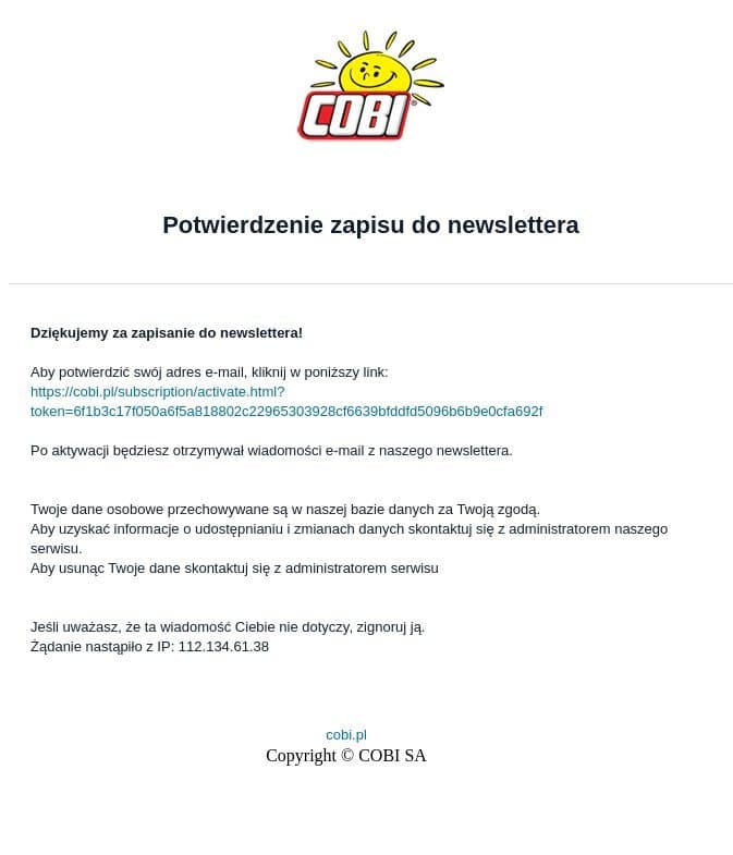 Potwierdzenie zapisu do newslettera email from Cobi