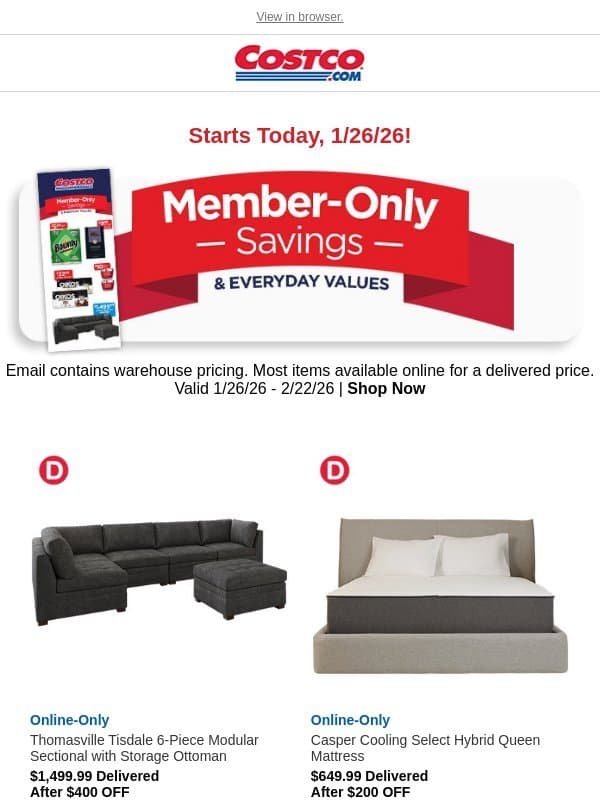 Just Dropped: A New Look For Your Home email from Costco