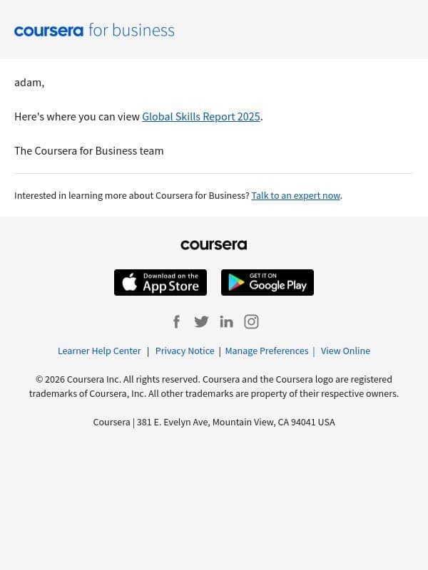 Your access to Global Skills Report 2025 email from Coursera for Business