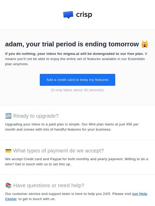 Crisp trial ending soon email from Crisp