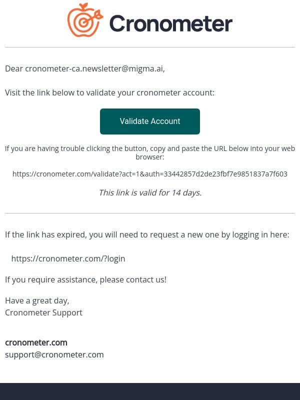 Account Activation email from Cronometer