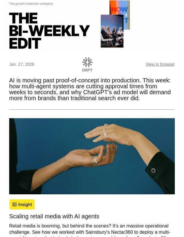 ChatGPT ads are here. The playbook? Still a WIP. email from DEPT