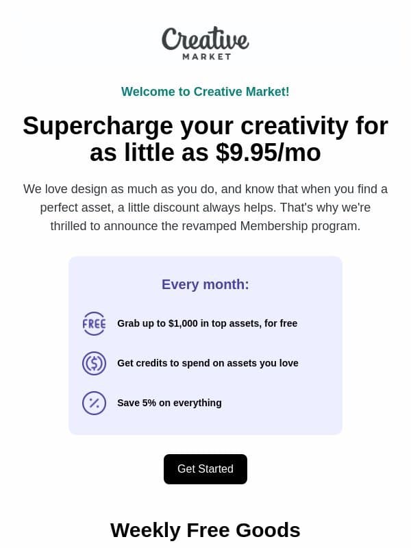 Introducing Creative Market Membership ✨ email from Design Cuts