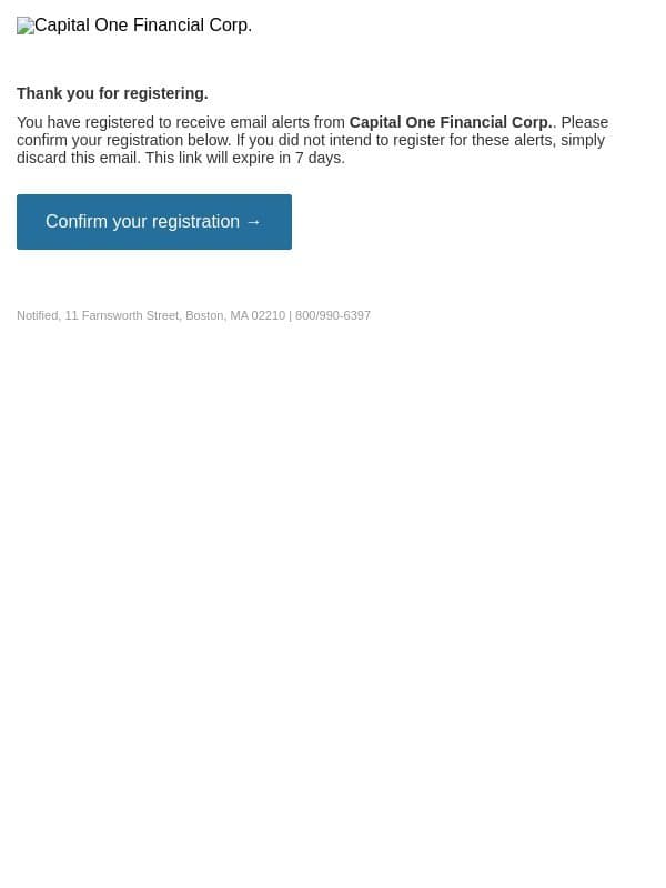 Please confirm your email alert subscriptions for Capital One Financial Corp. email from Discover Financial