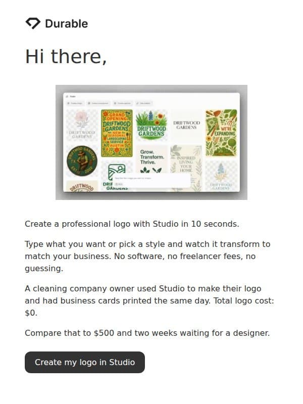 Get a professional logo in 10 seconds email from Durable