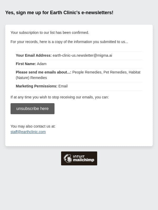 Earth Clinic Newsletter: Subscription Confirmed email from Earth Clinic