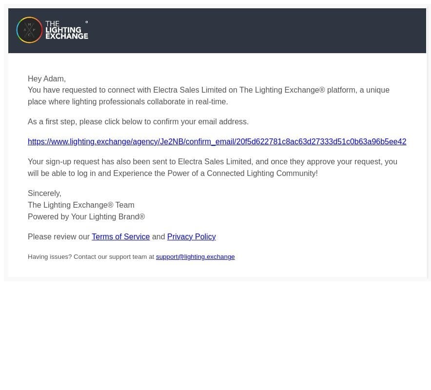 Email Confirmation for The Lighting Exchange Sign Up email from Electra Sales