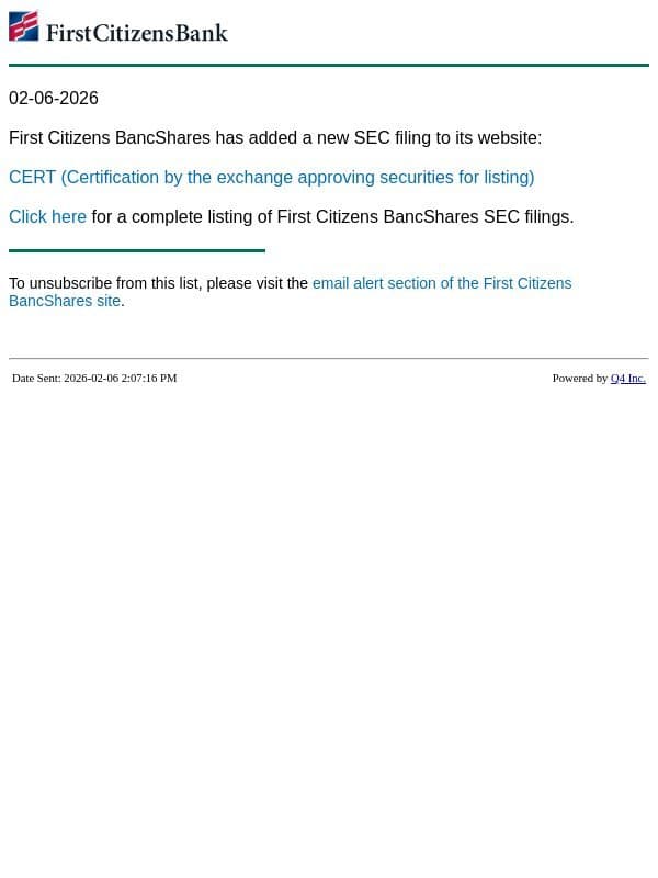 First Citizens BancShares - CERT (Certification by the exchange approving securities for listing) SEC Filing email from First Citizens Bank