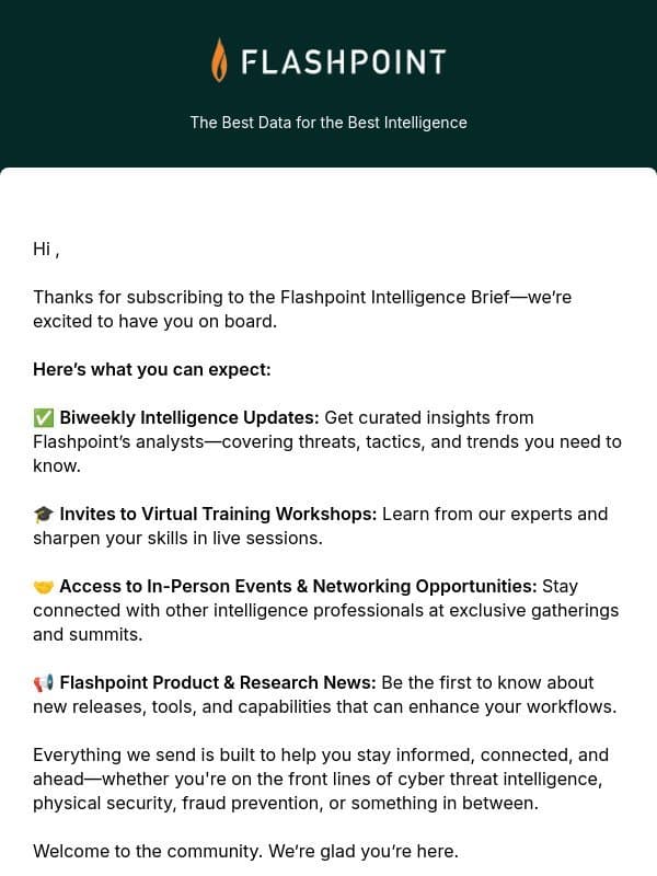 You’re In: Welcome to the Flashpoint Intelligence Brief email from Flashpoint