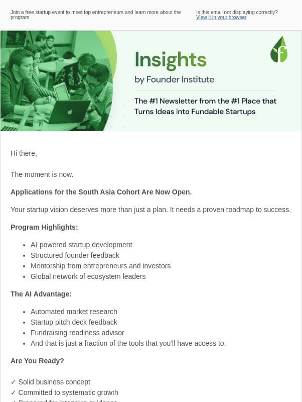 Founder Institute South Asia Applications Now Open email from Founder Institute