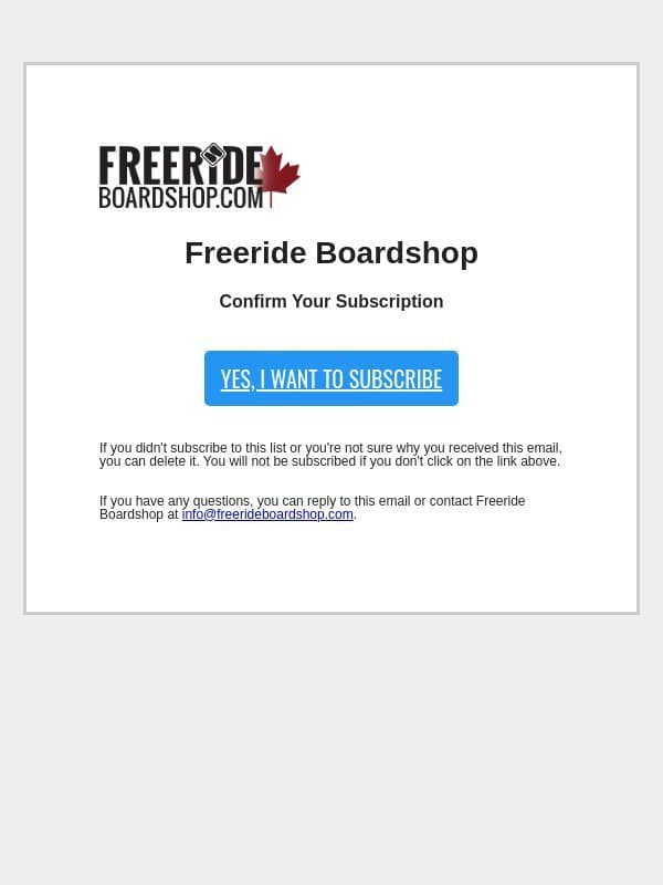 Confirm Your Subscription email from Freeride Boardshop