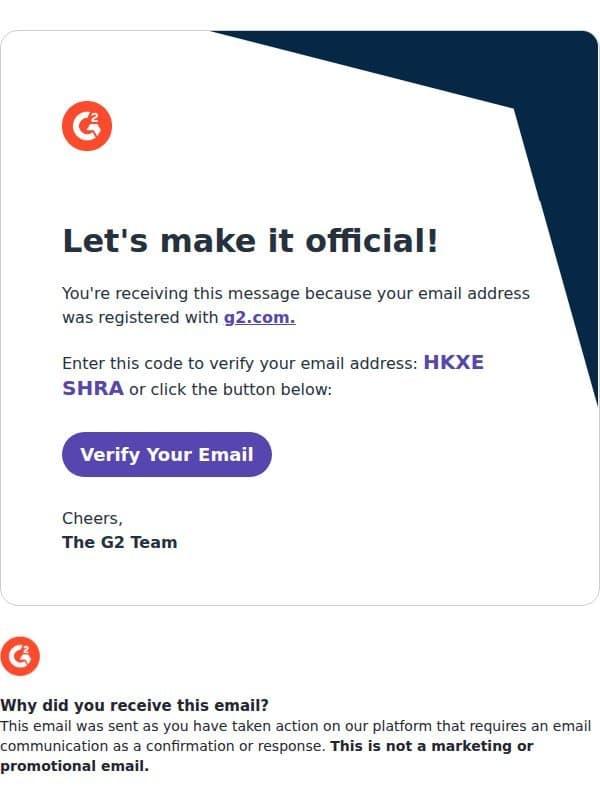 G2 Email Verification email from G2