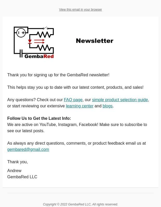 GembaRed Newsletter Signup Confirmation email from GembaRed