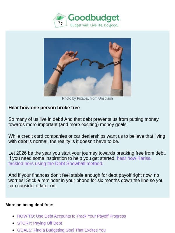 Let This be the Year You Crush Your Debt email from Goodbudget