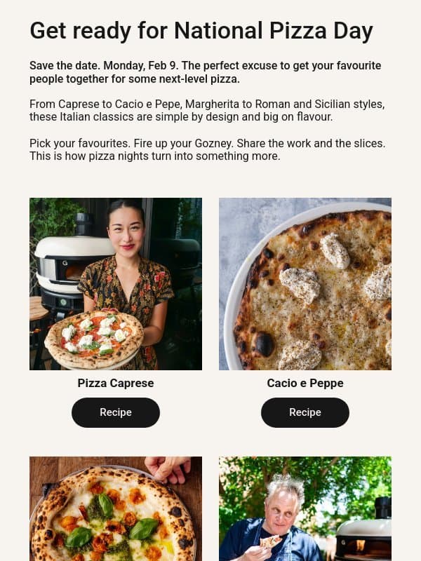 Get ready for National Pizza Day. email from Gozney