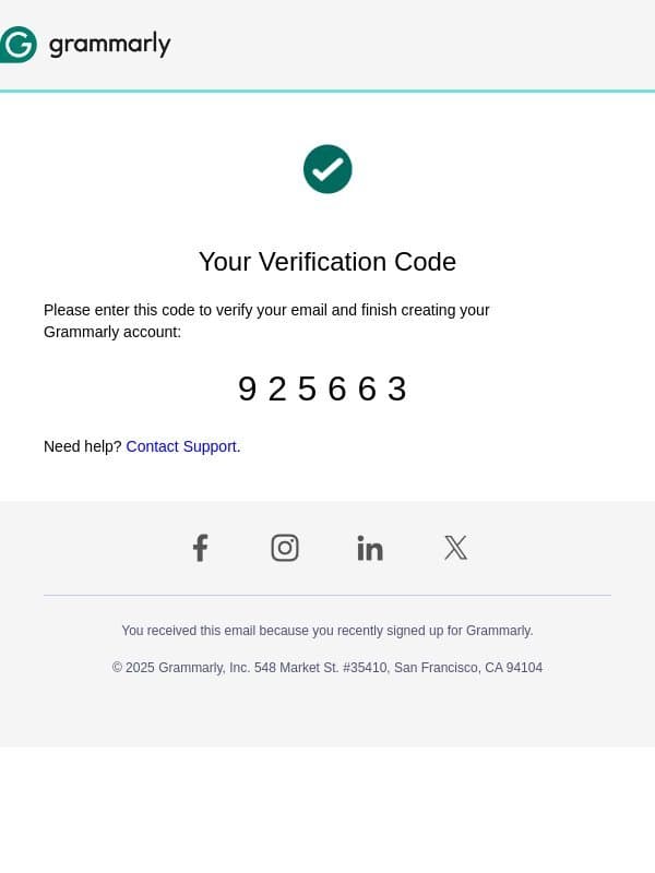 925663 is your confirmation Code email from Grammarly