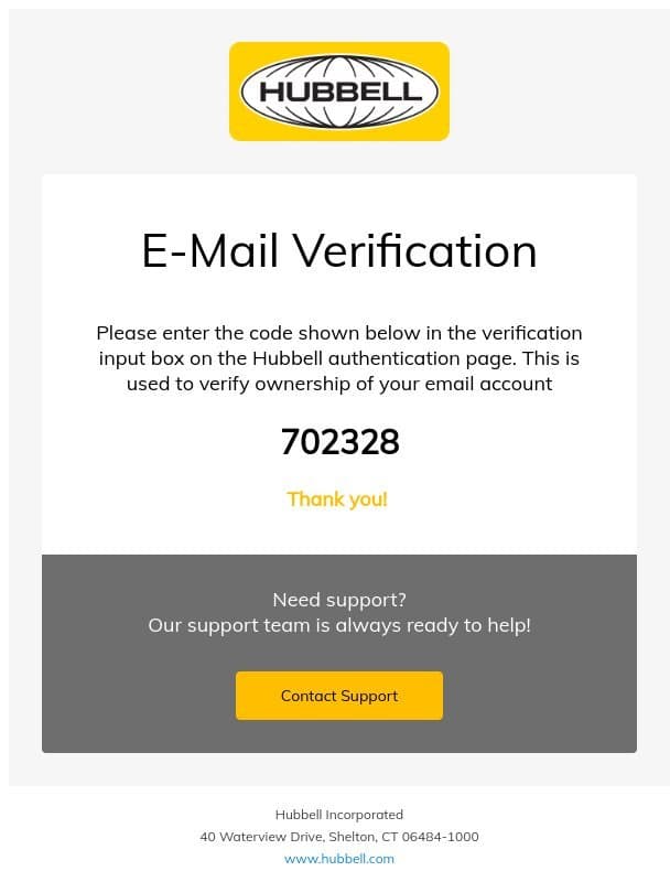 Hubbell Account Verification email from Hubbell Marine Products
