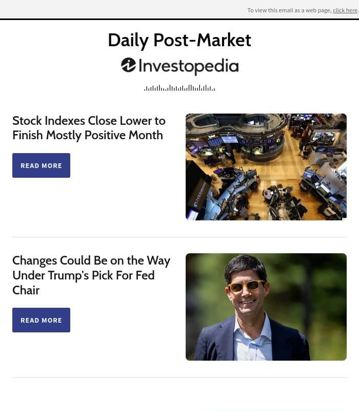 Stock Indexes Close Lower to Finish Mostly Positive Month email from Investopedia