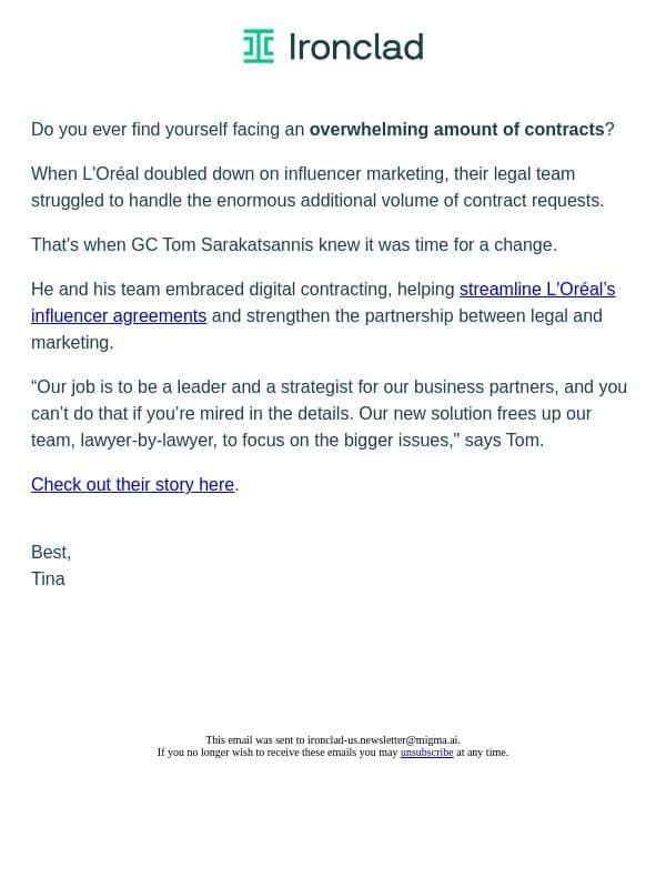 L'Oréal's secret to agile contracting email from Ironclad