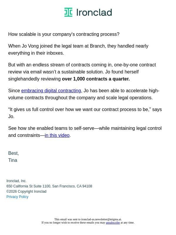 How did Branch streamline 1,000+ contracts? We asked their Legal Ops Manager. email from Ironclad