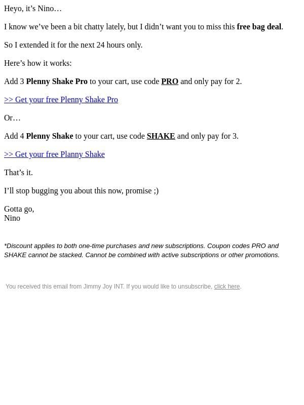 I’m still going on about this free Bag deal email from Jimmy Joy