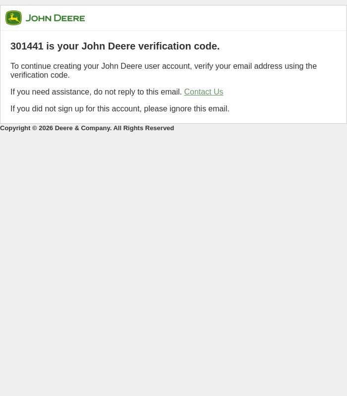 Verify Your Email Address email from John Deere