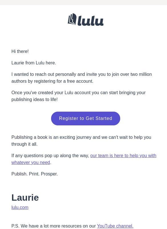 You’re invited to register for a free account email from Lulu