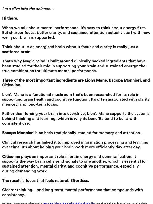 Clinically-backed ingredients for a sharper mind email from Magic Mind